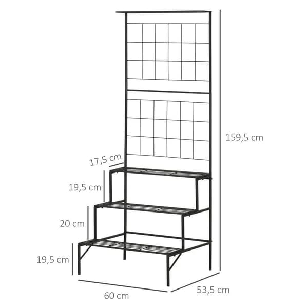 Rootz Plant Rack - Plant Rack med 3 våningar och spaljé - Metall - Svart - 60 x 53,5 x 159,5 cm
