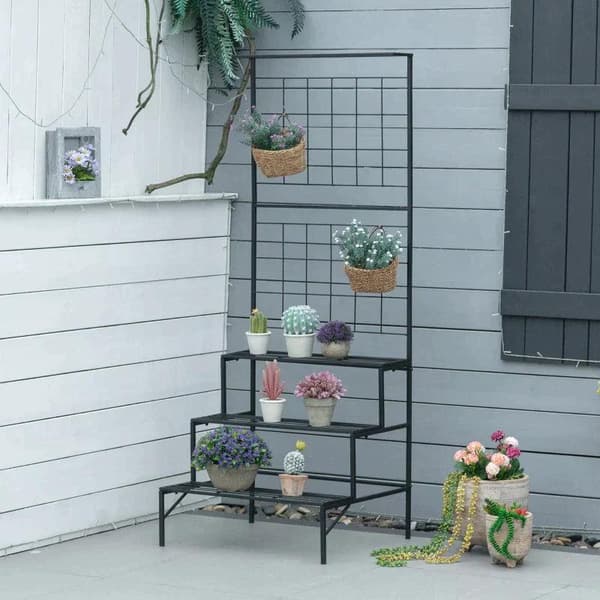 Rootz Plant Rack - Plant Rack med 3 våningar och spaljé - Metall - Svart - 60 x 53,5 x 159,5 cm
