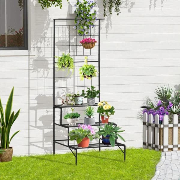 Rootz Plant Rack - Plant Rack med 3 våningar och spaljé - Metall - Svart - 60 x 53,5 x 159,5 cm