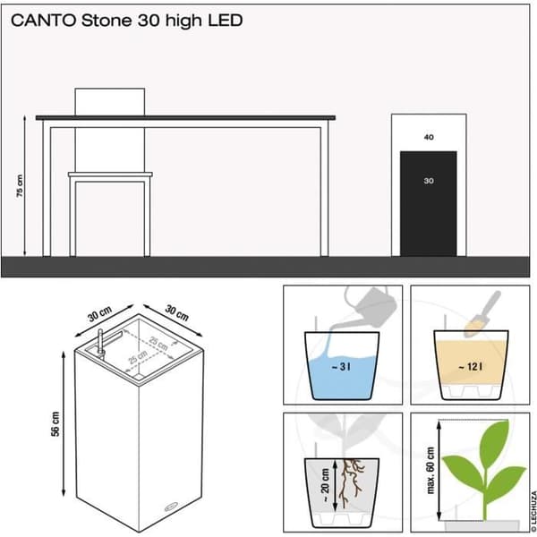 LECHUZA Canto Stone Column 30 blomkruka - komplett LED-kit, stengrå
