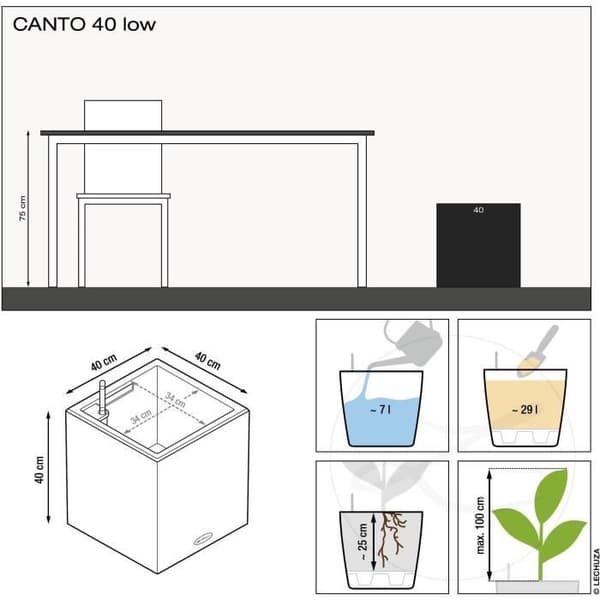 LECHUZA Jardiniere Canto Color Square 40 ALL-IN-ONE Grå 13720