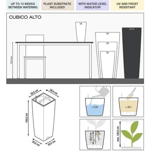 LECHUZA Jardiniere Cubico Alto 40 ALL-IN-ONE Brilliant Taupe 18234