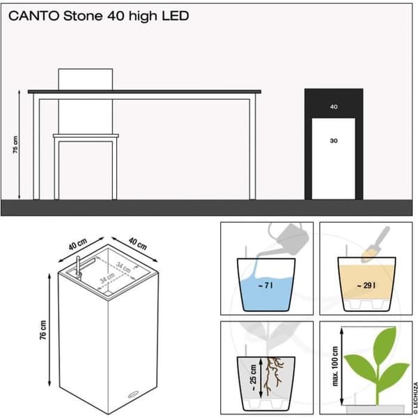 LECHUZA Canto Stone Column 40 blomkruka - komplett LED-kit, grafitsvart