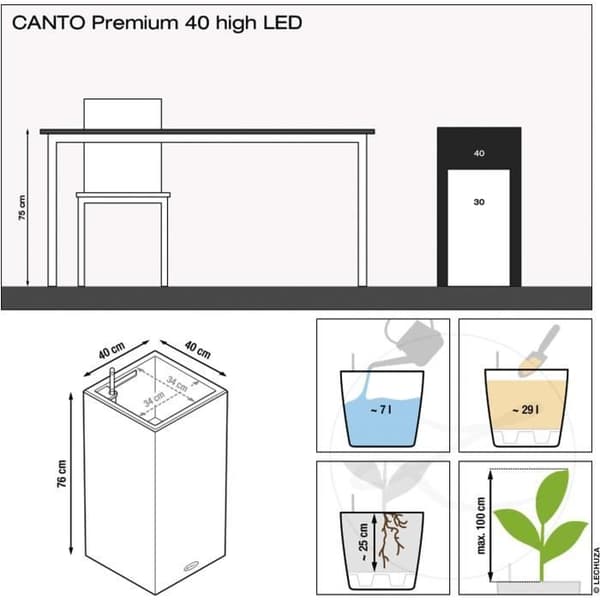LECHUZA Canto Premium Column 40 blomkruka - komplett LED-kit, metallic silver