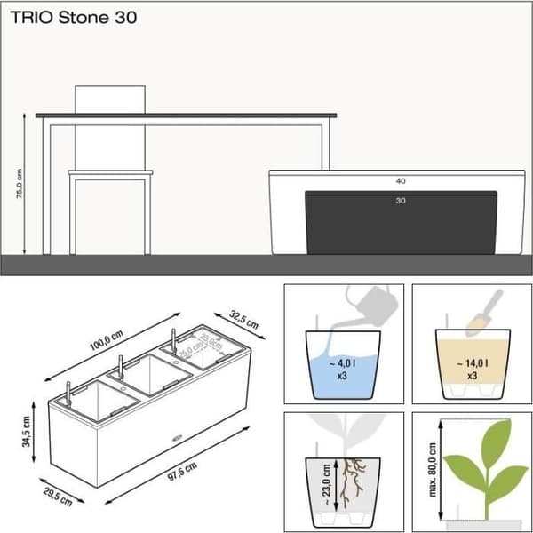 LECHUZA Trio Stone 30 plantering - komplett kit, stengrå - Med vattenreserv - Plast - Rektangulär