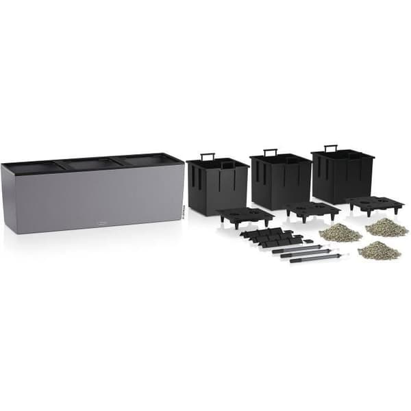 LECHUZA Trio Stone 30 plantering - komplett kit, stengrå - Med vattenreserv - Plast - Rektangulär