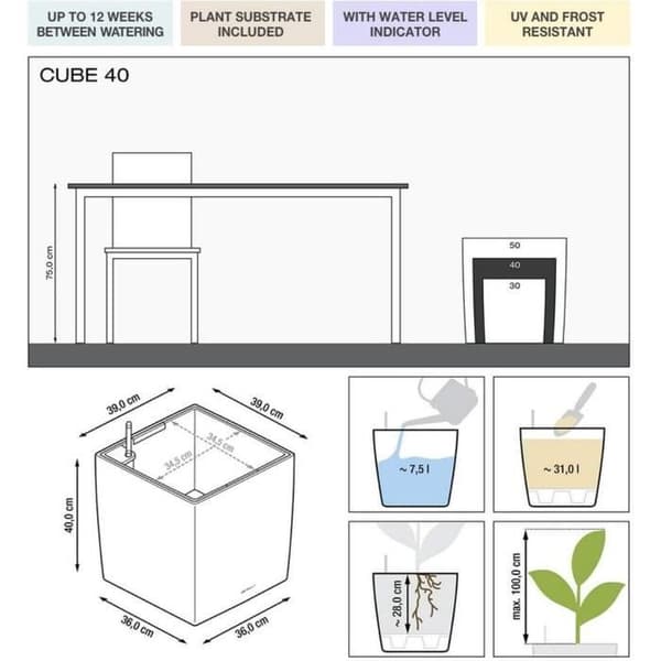LECHUZA Cube Premium 40 blomkruka - komplett set, blank svart