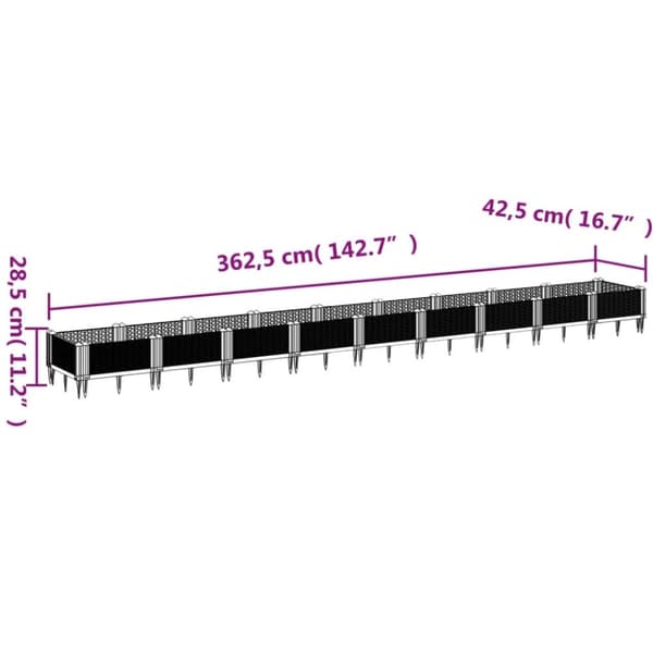 vidaXL plantekasse med spyd 362,5x42,5x28,5 cm PP grå