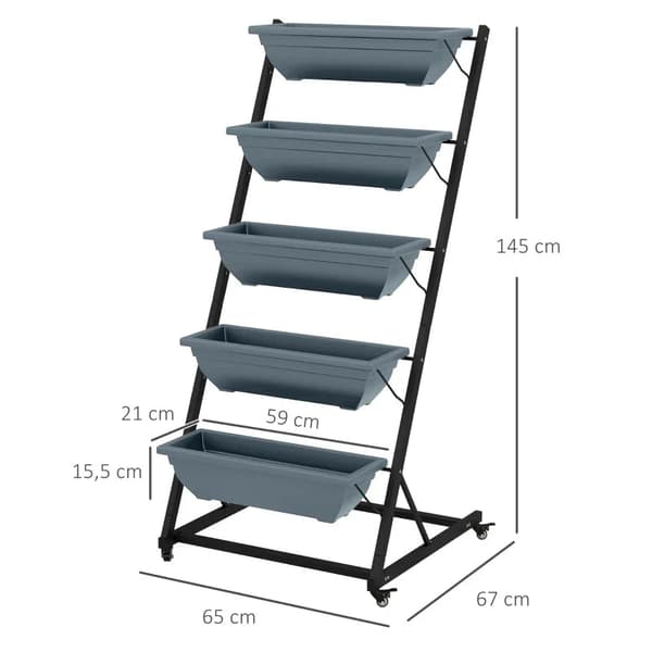 Rootz växttrappa - Blomstrappa - Planteringslåda - Staplingsbar - Väderbeständig - Grå + Svart - 65 x 67 x 145 cm
