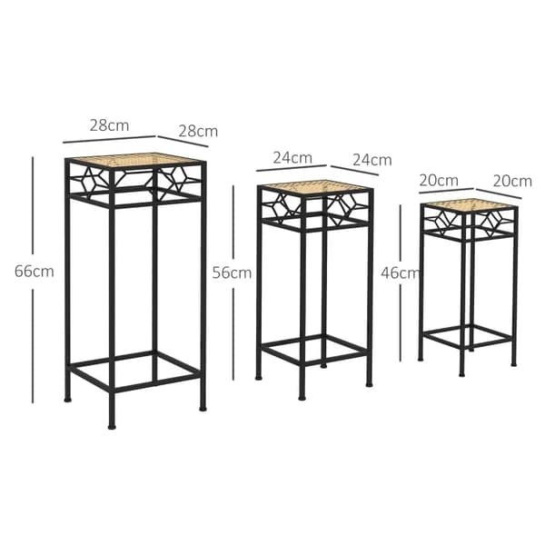 Rootz Flower Stands - Set med 3 - Rund stapelbar - Rottingeffekt - Metallben - Inomhus utomhus - Metall - Svart - Guld - 28L x 28W x 66H cm