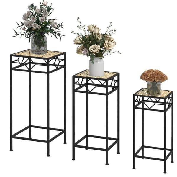 Rootz Flower Stands - Set med 3 - Rund stapelbar - Rottingeffekt - Metallben - Inomhus utomhus - Metall - Svart - Guld - 28L x 28W x 66H cm