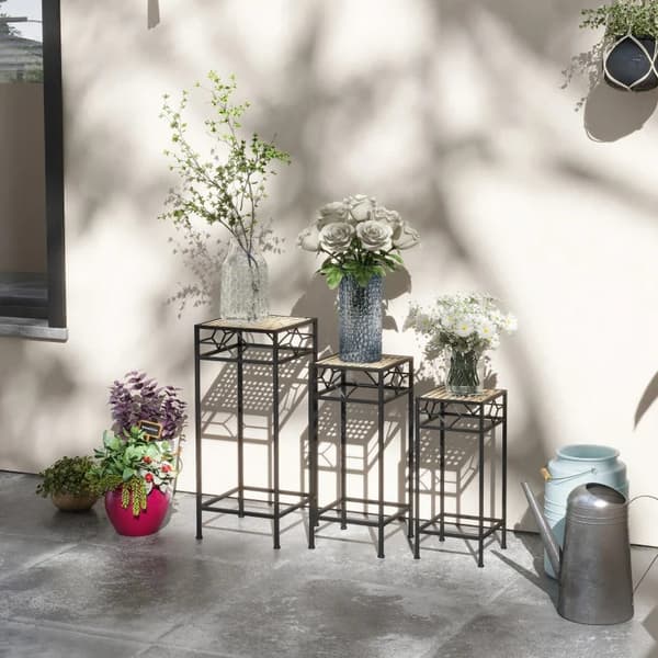 Rootz Flower Stands - Set med 3 - Rund stapelbar - Rottingeffekt - Metallben - Inomhus utomhus - Metall - Svart - Guld - 28L x 28W x 66H cm