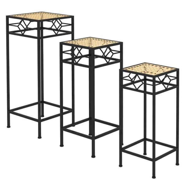 Rootz-kukkatelineet - 3 kpl sarja - Pyöreä pinottava - Rottinkiefekti - Metalliset jalat - Sisäkäyttöön ulkona - Metalli - Musta - Kulta - 28L x 28W x