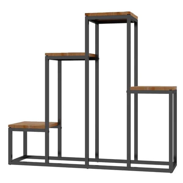 Rootz Blomsterhylde - Plantehylde - 4 Etagers Plantetrappe - Blomsterestativ - Indendørs & Udendørs - Metalramme - Sort + Lysebrun - 80 x 20 x 74 cm
