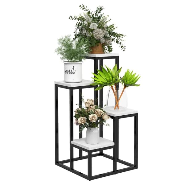 Rootz-kukkahylly - 4-tasoinen kasvihylly - Kukkateline - Sisä- ja ulkokäyttöön - Metallirunko - Kuusi - Musta + Valkoinen - 34L x 34L x 70K cm