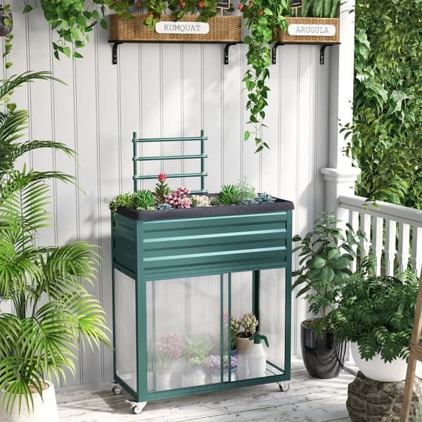 Rootz upphöjd säng med förvaring - Spaljé - Planteringskärl - Skjutdörrar - Stomme i rostfritt stål - Grön - 85 x 40 x 135 cm