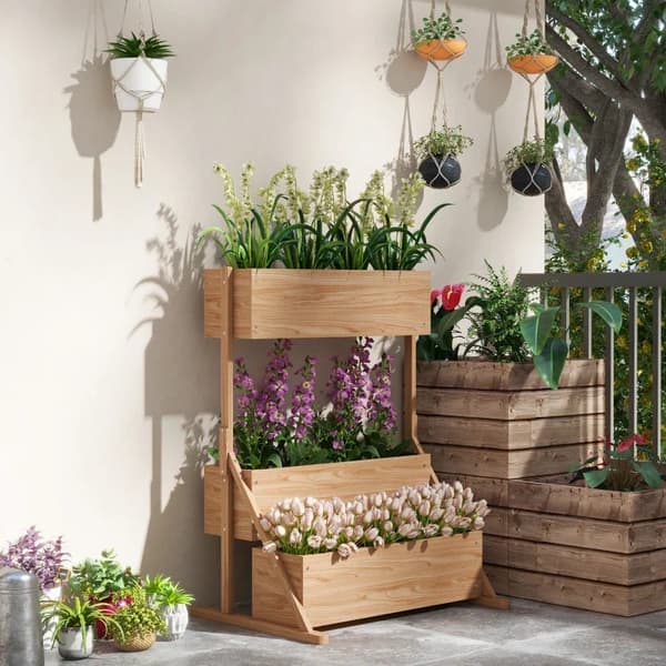 Rootz Højseng - 3 blomsterkasser - Vejrbestandig - Drænhuller - Indvendig foring - Ramme af naturtræ - 108 x 80 x 140 cm