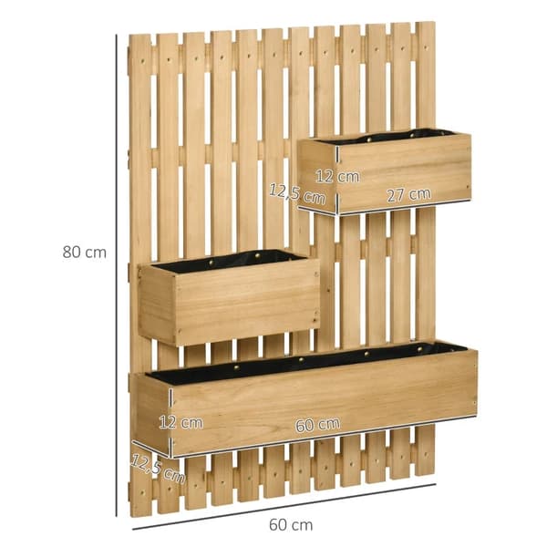 Rootz Vægmonterede haveplanter i træ med espalier - Drænhuller - 3 bevægelige plantekasser - Væghævet haveseng til gårdhave - Naturlig - 60 x 16 x 80