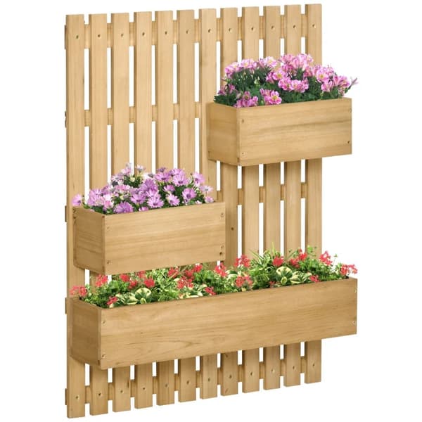 Rootz Vægmonterede haveplanter i træ med espalier - Drænhuller - 3 bevægelige plantekasser - Væghævet haveseng til gårdhave - Naturlig - 60 x 16 x 80