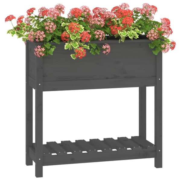 vidaXL plantekasse med hylde 82,5x34,5x81 cm massivt fyrretræ grå -  Plantekrukker