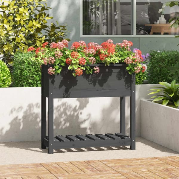 vidaXL plantekasse med hylde 82,5x34,5x81 cm massivt fyrretræ grå -  Plantekrukker