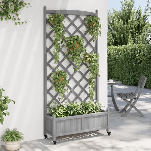 vidaXL plantekasse med espalier og hjul massivt fyrretræ grå -  Plantekrukker