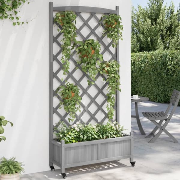 vidaXL plantekasse med espalier og hjul massivt fyrretræ grå -  Plantekrukker