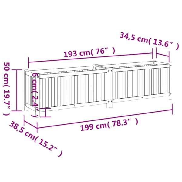 vidaXL Odlingslåda med foder 199x38,5x50 cm massivt akaciaträ - Krukor & odlingslådor