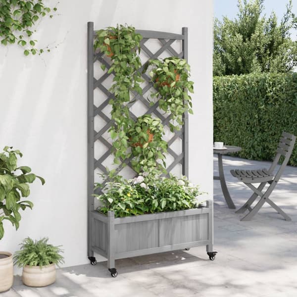 vidaXL plantekasse med espalier og hjul massivt fyrretræ grå -  Plantekrukker