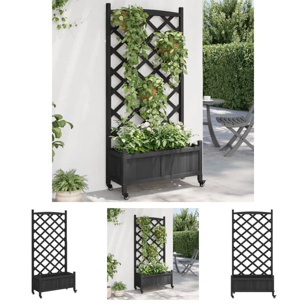 The Living Store plantekasse med espalier og hjul massivt fyrretræ sort -  Plantekrukker