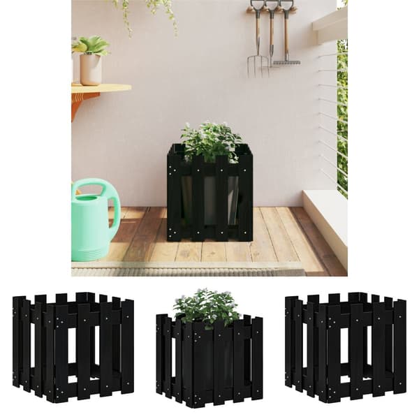 The Living Store plantekasse med stakitdesign 40x40x40 cm massivt fyrretræ sort -  Plantekrukker