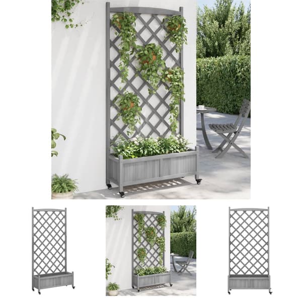 The Living Store plantekasse med espalier og hjul massivt fyrretræ grå -  Plantekrukker