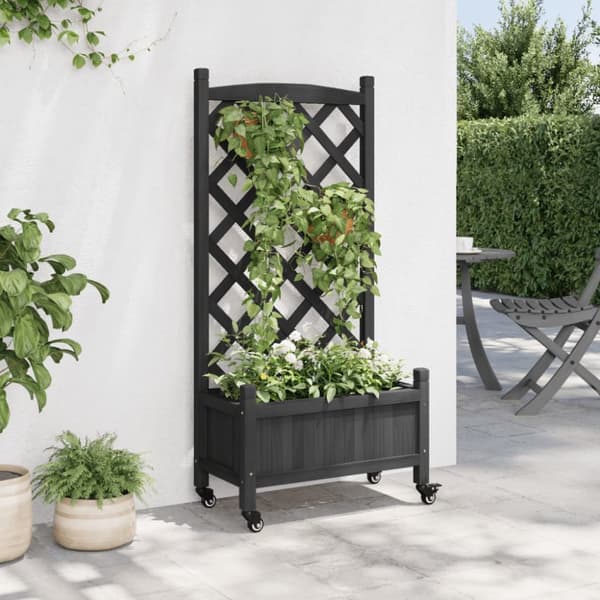 The Living Store plantekasse med espalier og hjul massivt fyrretræ sort - Plantekrukker