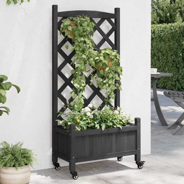 The Living Store plantekasse med espalier og hjul massivt fyrretræ sort - Plantekrukker