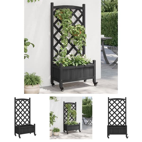 The Living Store plantekasse med espalier og hjul massivt fyrretræ sort -  Plantekrukker