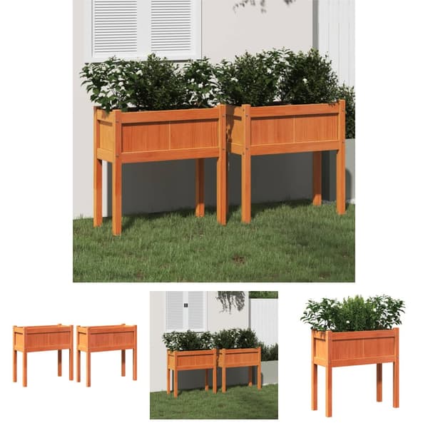The Living Store plantekasser 2 stk. med ben massivt fyrretræ gyldenbrun -  Plantekrukker