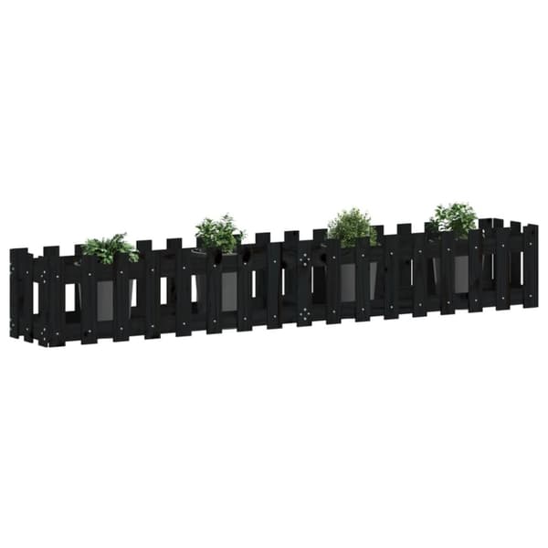 The Living Store Odlingslåda med staket-design svart 200x30x30 cm massiv furu -  Krukor & odlingslådor