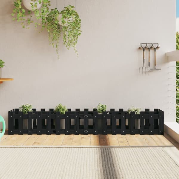 The Living Store Odlingslåda med staket-design svart 200x30x30 cm massiv furu -  Krukor & odlingslådor