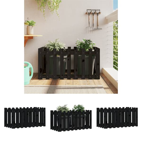 The Living Store højbed med stakitdesign 100x50x50 cm massivt fyrretræ sort -  Plantekrukker