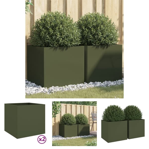 The Living Store plantekasser 2 stk. 49x47x46 cm koldvalset stål olivengrøn -  Plantekrukker