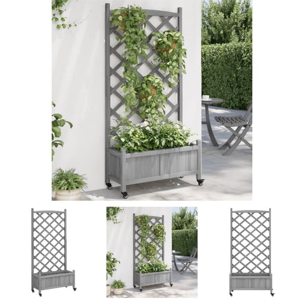 The Living Store plantekasse med espalier og hjul massivt fyrretræ grå -  Plantekrukker