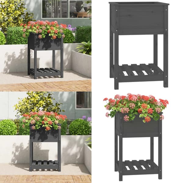 Plantekasse med hylde 54x54x81 cm massivt fyrretræ grå - Plantekasse - Plantekasser - Home & Living