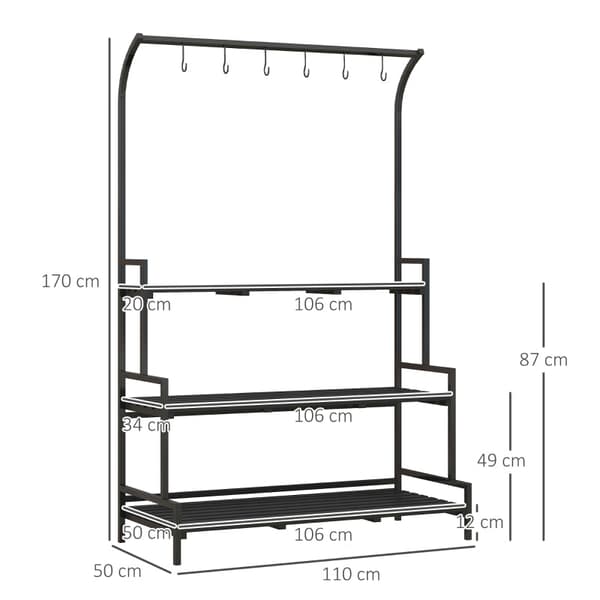 Rootz 3 -tasoinen kukkateline - Kasvien esittelyhylly - Puutarhan kasviteline - Sisä- ja ulkokäyttöön - Metallirunko - 170H x 110L x 50W cm - Musta