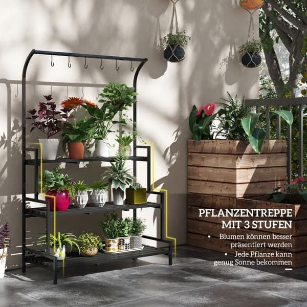Rootz 3 -tasoinen kukkateline - Kasvien esittelyhylly - Puutarhan kasviteline - Sisä- ja ulkokäyttöön - Metallirunko - 170H x 110L x 50W cm - Musta