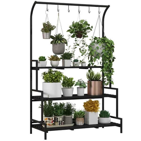 Rootz 3 -tasoinen kukkateline - Kasvien esittelyhylly - Puutarhan kasviteline - Sisä- ja ulkokäyttöön - Metallirunko - 170H x 110L x 50W cm - Musta