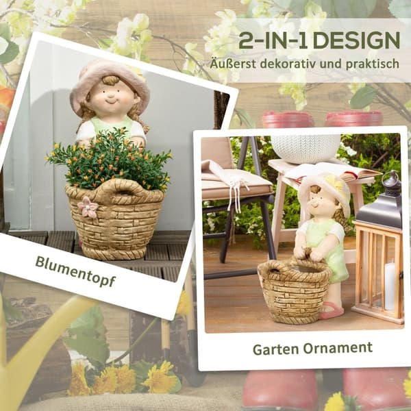Rootz-pige med blomsterkurv Havedekoration - Havefigur - Udendørsdekoration - Vejrbestandig - Realistisk design - Alsidig brug - 20 cm x 30 cm x 40 cm