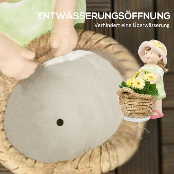 Rootz-pige med blomsterkurv Havedekoration - Havefigur - Udendørsdekoration - Vejrbestandig - Realistisk design - Alsidig brug - 20 cm x 30 cm x 40 cm