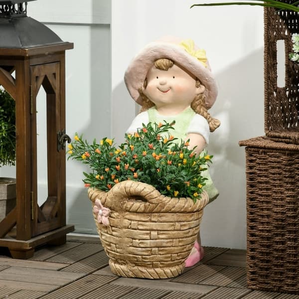 Rootz-pige med blomsterkurv Havedekoration - Havefigur - Udendørsdekoration - Vejrbestandig - Realistisk design - Alsidig brug - 20 cm x 30 cm x 40 cm