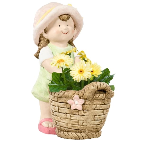 Rootz-pige med blomsterkurv Havedekoration - Havefigur - Udendørsdekoration - Vejrbestandig - Realistisk design - Alsidig brug - 20 cm x 30 cm x 40 cm