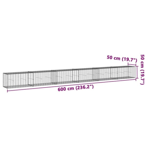 vidaXL gabionkurv med cover 600x50x50 cm galvaniseret jern